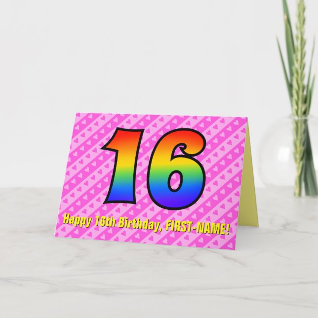 Fun Pink Stripes, Hearts, Rainbow # 16th Birthday Card (Front)