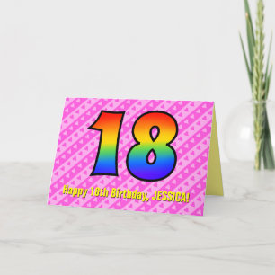 Fun Pink Stripes, Hearts, Rainbow # 18th Birthday Card