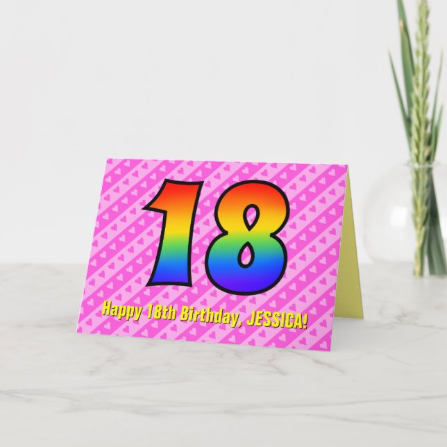 Fun Pink Stripes, Hearts, Rainbow # 18th Birthday Card (Front)
