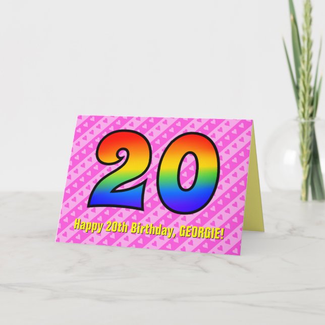 Fun Pink Stripes, Hearts, Rainbow # 20th Birthday Card (Front)