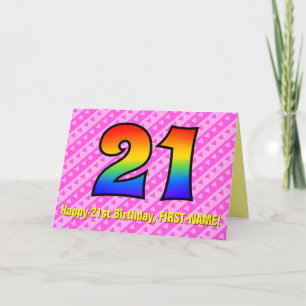 Fun Pink Stripes, Hearts, Rainbow # 21st Birthday Card
