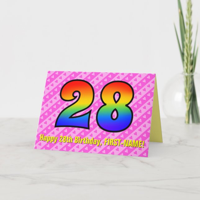Fun Pink Stripes, Hearts, Rainbow # 28th Birthday Card (Front)