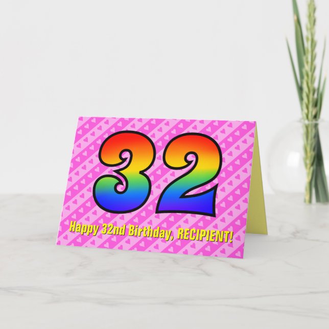 Fun Pink Stripes, Hearts, Rainbow # 32nd Birthday Card (Front)