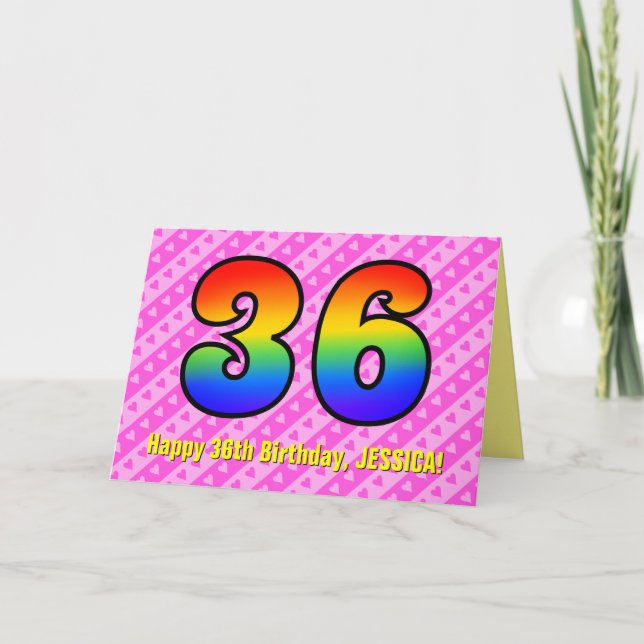 Fun Pink Stripes, Hearts, Rainbow # 36th Birthday Card (Front)