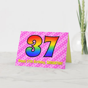 Fun Pink Stripes, Hearts, Rainbow # 37th Birthday Card