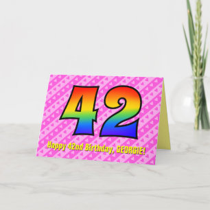 Fun Pink Stripes, Hearts, Rainbow # 42nd Birthday Card