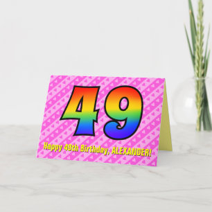 Fun Pink Stripes, Hearts, Rainbow # 49th Birthday Card
