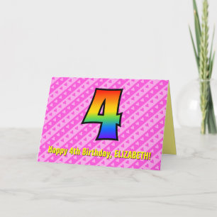 Fun Pink Stripes, Hearts, Rainbow # 4th Birthday Card