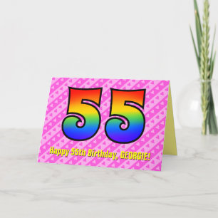 Fun Pink Stripes, Hearts, Rainbow # 55th Birthday Card