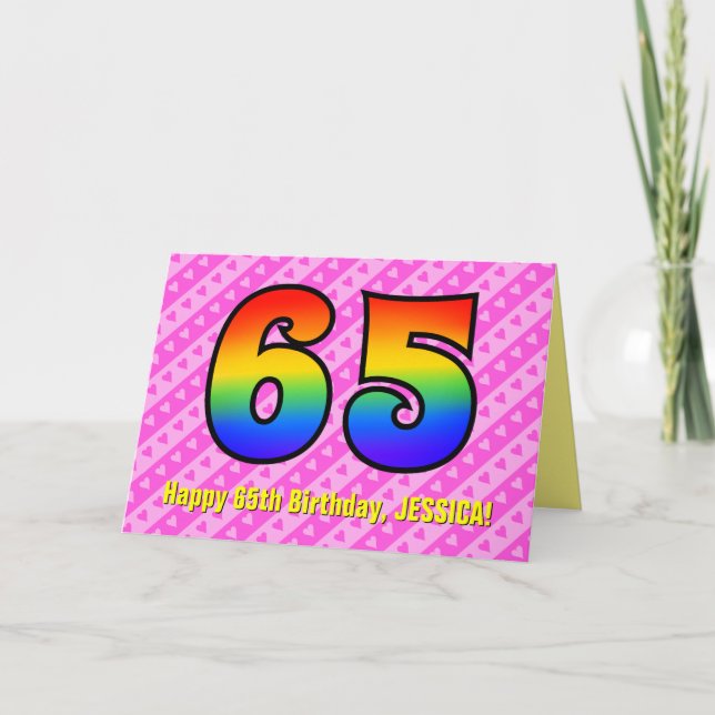 Fun Pink Stripes, Hearts, Rainbow # 65th Birthday Card (Front)