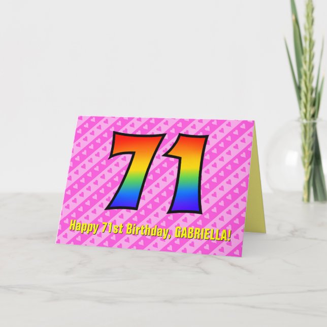 Fun Pink Stripes, Hearts, Rainbow # 71st Birthday Card (Front)