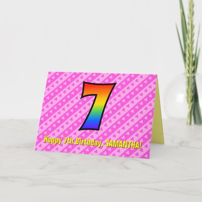 Fun Pink Stripes, Hearts, Rainbow # 7th Birthday Card (Front)