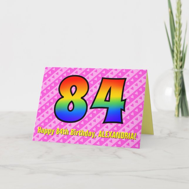 Fun Pink Stripes, Hearts, Rainbow # 84th Birthday Card (Front)