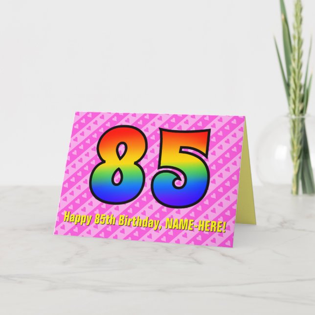 Fun Pink Stripes, Hearts, Rainbow # 85th Birthday Card (Front)