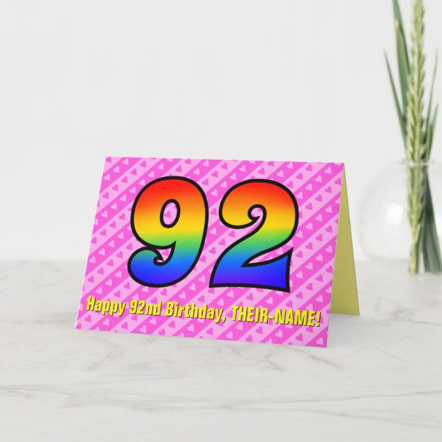 Fun Pink Stripes, Hearts, Rainbow # 92nd Birthday Card (Front)