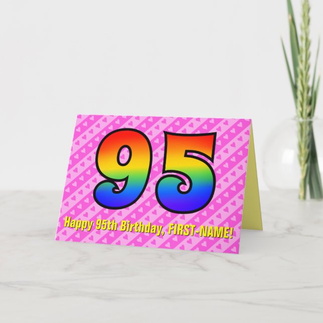 Fun Pink Stripes, Hearts, Rainbow # 95th Birthday Card (Front)