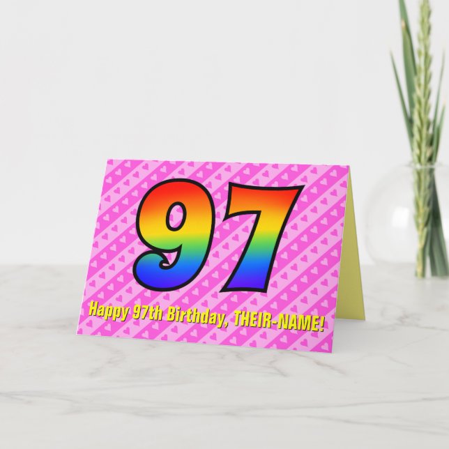 Fun Pink Stripes, Hearts, Rainbow # 97th Birthday Card (Front)