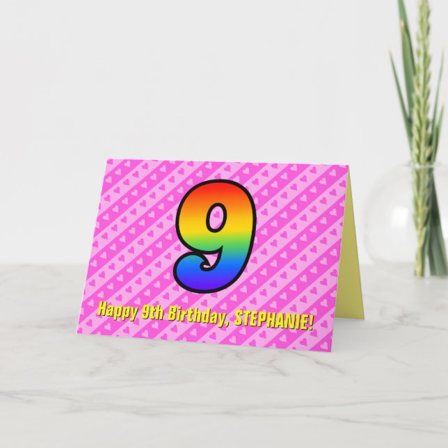 Fun Pink Stripes, Hearts, Rainbow # 9th Birthday Card (Front)