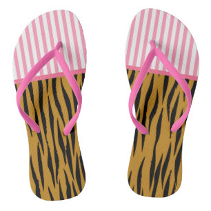 Fun Pink Stripes & Tigerprint Flip Flops