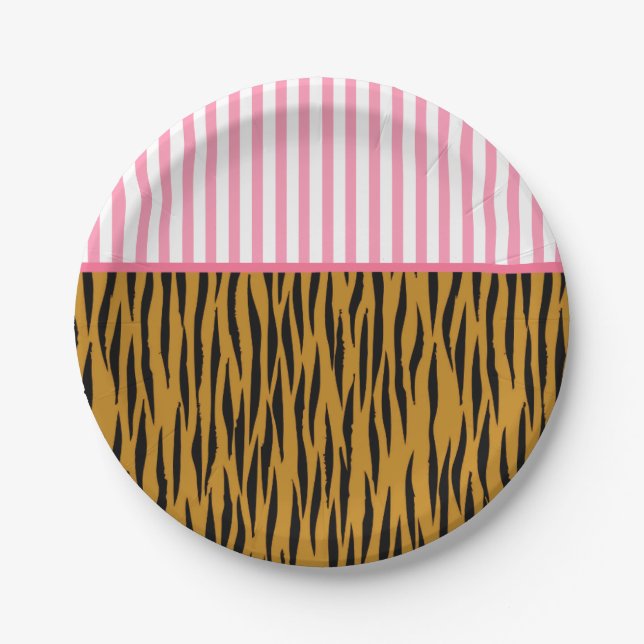 Fun Pink Stripes & Tigerprint Paper Plate (Front)