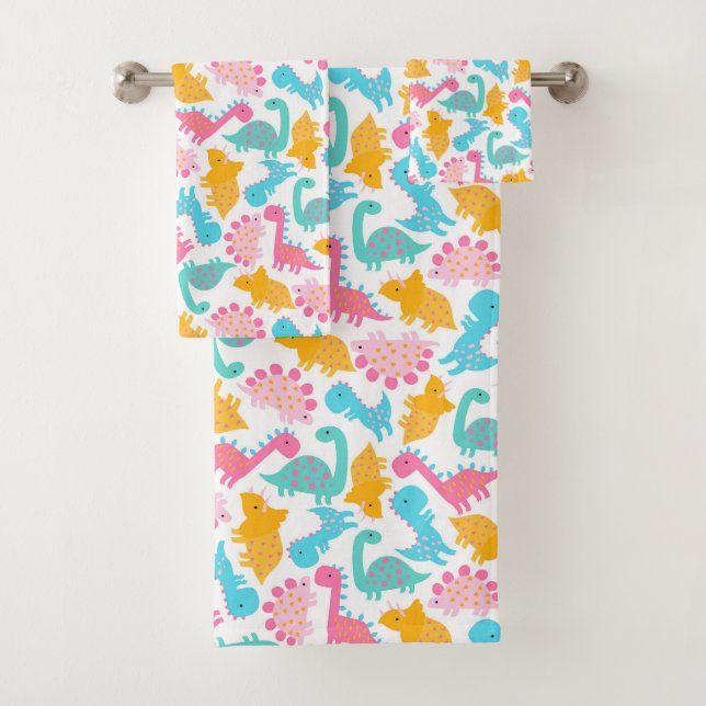 Fun Pink & Teal Dinosaur Pattern Bath Towel Set (Insitu)