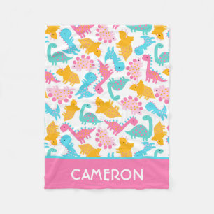 Fun Pink & Teal Dinosaur Pattern Fleece Blanket