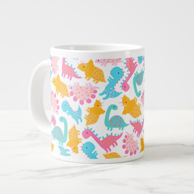 Fun Pink & Teal Dinosaur Pattern Large Coffee Mug (Front Left)
