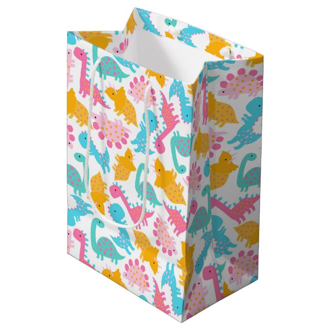 Fun Pink & Teal Dinosaur Pattern Medium Gift Bag (Front Angled)