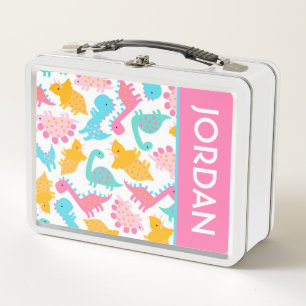 Fun Pink & Teal Dinosaur Pattern Metal Lunch Box