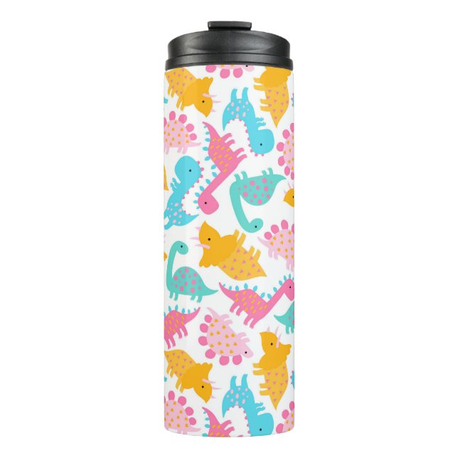 Fun Pink & Teal Dinosaur Pattern Thermal Tumbler (Front)