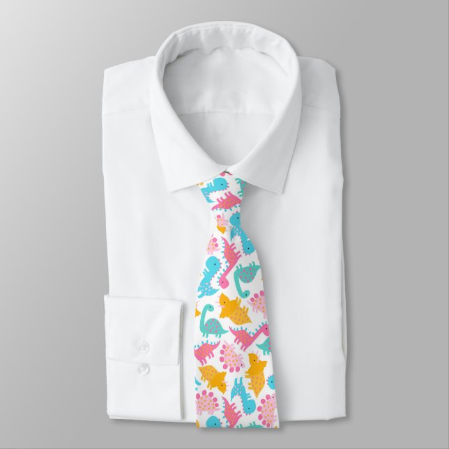 Fun Pink & Teal Dinosaur Pattern Tie (Tied)