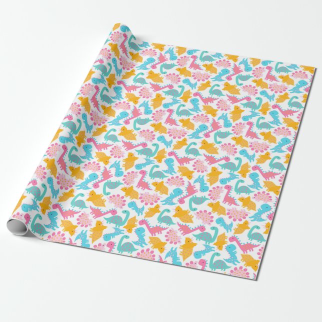 Fun Pink & Teal Dinosaur Pattern Wrapping Paper (Unrolled)