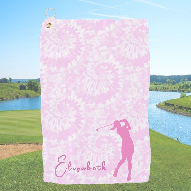 Fun Pink Tie Dye Lady Golfer Custom Name Golf Towel (Creator Uploaded)