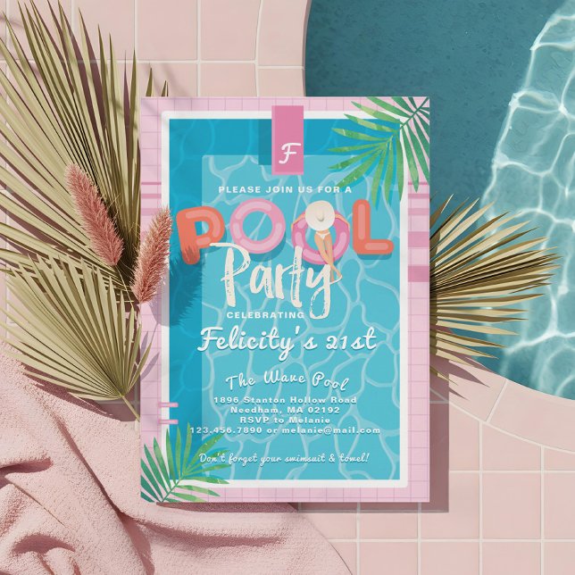 Fun Pink Tropical Adult Summer Pool Party Birthday Invitation (Fun Pink Tropical Palm Summer Pool Party Birthday Invitation)