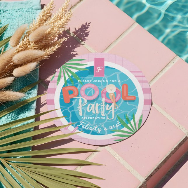 Fun Pink Tropical Palm Summer Pool Party Birthday Invitation (Fun Pink Tropical Palm Summer Pool Party Birthday Invitation)