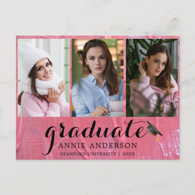 Fun Pink Wet Paint 3 Photo Graduation Invitation Postcard (Front)