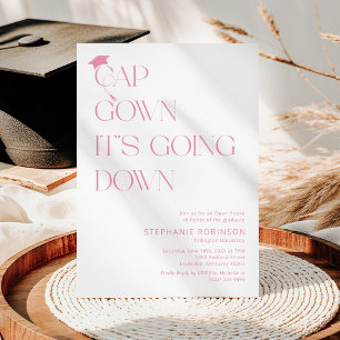 Fun Pink & White Cap, Gown Graduation Invitation