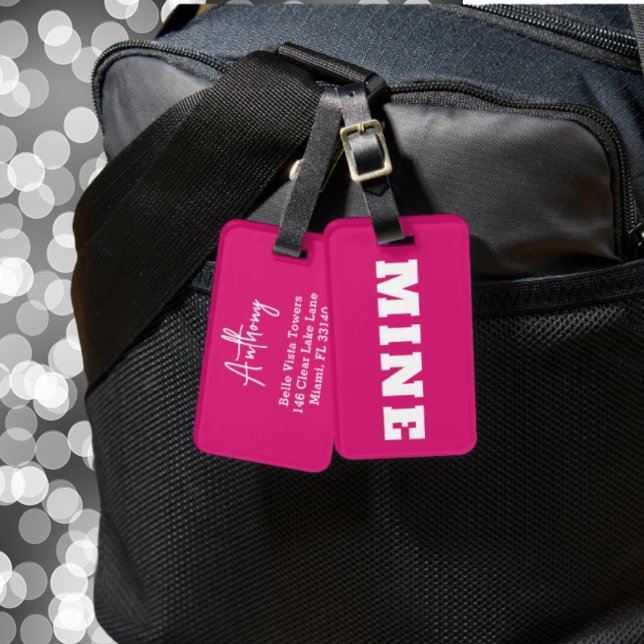 Fun Pink White MINE Personalised Luggage Tag (Creator Uploaded)