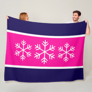 Fun Pink White Navy Blue Stripes Nordic Snowflakes Fleece Blanket