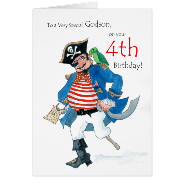 Fun Pirate 4th Birthday Card for Godson (Front)