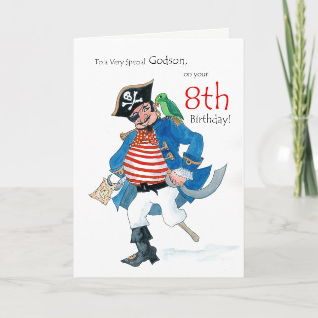Fun Pirate 8th Birthday Card for Godson (Front)