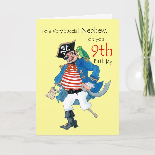 Fun Pirate 9th Birthday Card for Nephew on Yellow (Front)