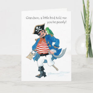 Fun Pirate and Parrot Get Well for Grandson Card