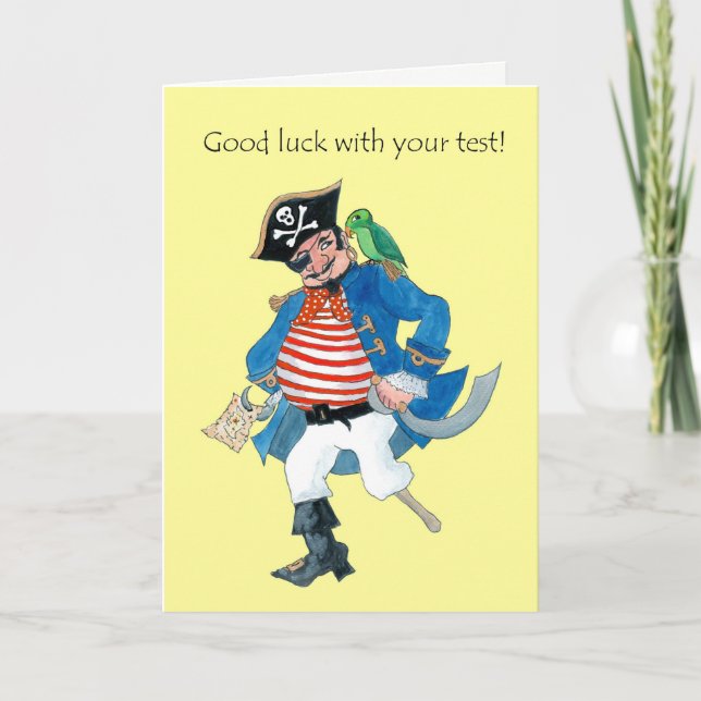 Fun Pirate and Parrot Good Luck with Test, Yellow Card (Front)