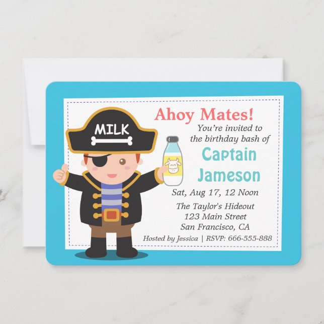 Fun Pirate Captain Boy Theme Birthday Party Invitation (Front)