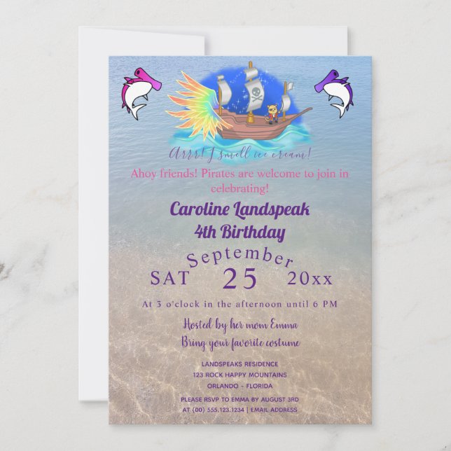 Fun Pirate Party & Ginger Cat, Sail Boat Invitation (Front)