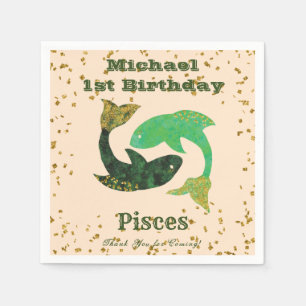 Fun Pisces First Birthday & Gold Confetti Napkin