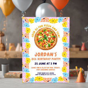 Fun Pizza Party Theme   Colourful Kids Birthday Invitation