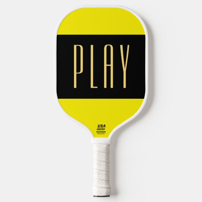 Fun PLAY Text Vivid Yellow Black Centre Stripes Pickleball Paddle (Front)