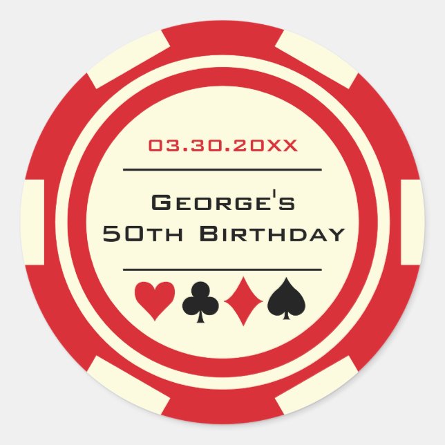 Fun Poker Chip Birthday Red Off-White Classic Round Sticker (Front)